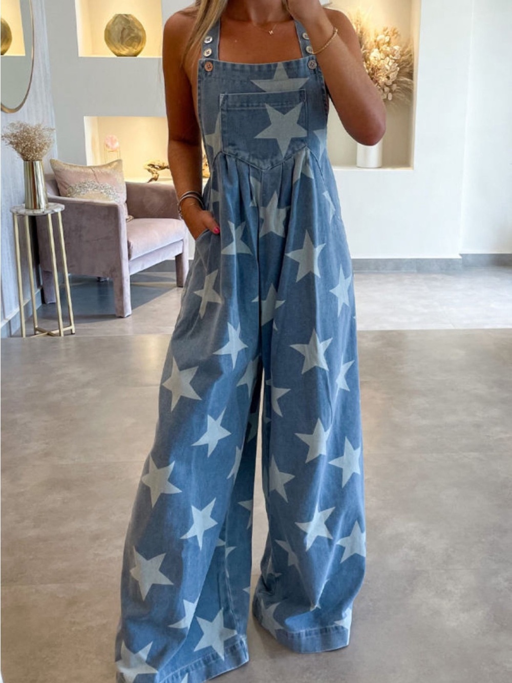 Source Unknown Blue Star-Print Wide-Leg Denim Overalls